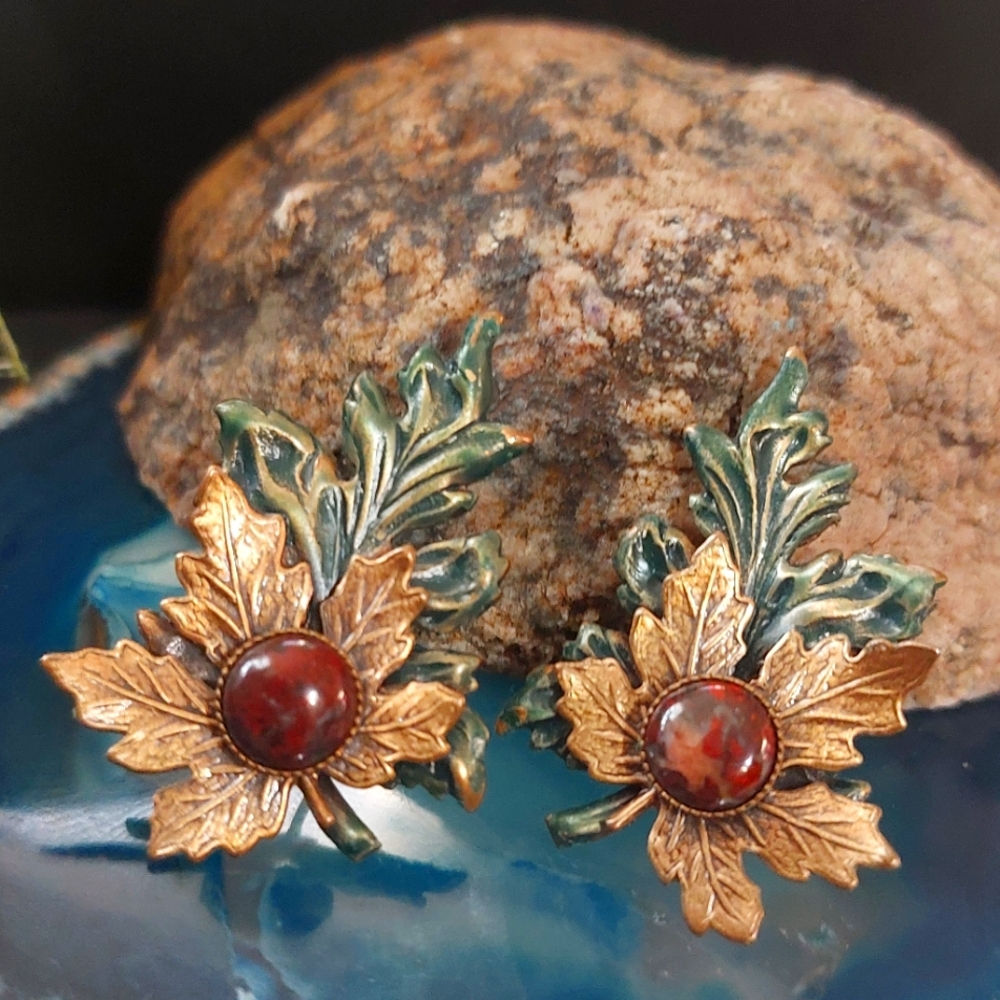 vintage double leaf and Red stone Jasper? earrings